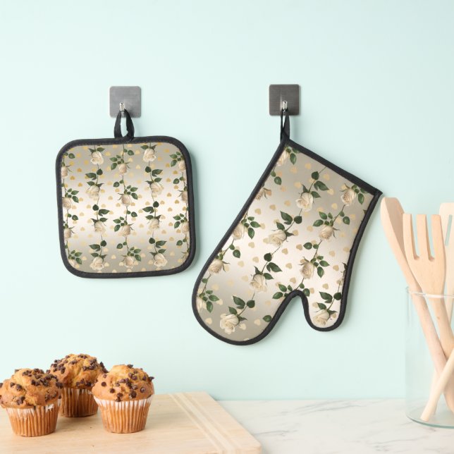 White Roses Gold Hearts Oven Mitt & Pot Holder Set (Insitu(Hanging))