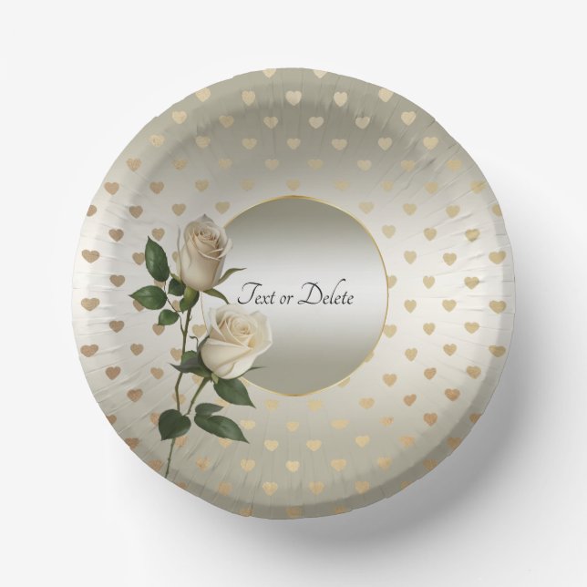White Roses Gold Hearts Paper Bowls Paper Plate (Front)