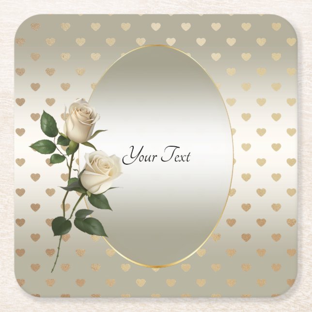 White Roses Gold Hearts Paper Coaster (Front)