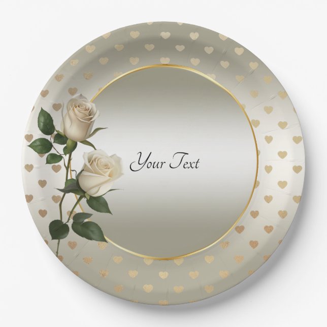 White Roses Gold Hearts Paper Plate (Front)