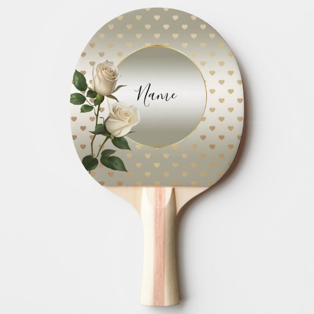 White Roses Gold Hearts Ping Pong Paddle (Front)
