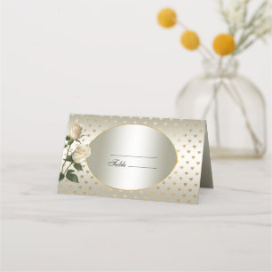 White Roses Gold Hearts Place Card