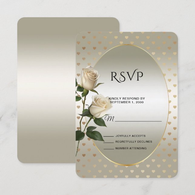White Roses Gold Hearts RSVP Card (Front/Back)