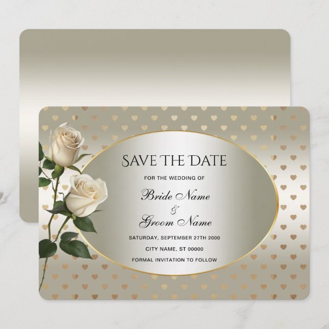 White Roses Gold Hearts Save The Date Card (Front/Back)