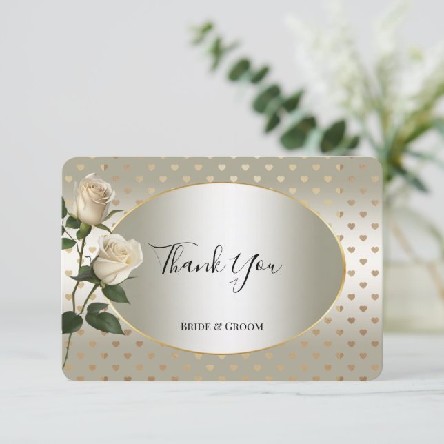 White Roses Gold Hearts Thank You Card (Standing Front)