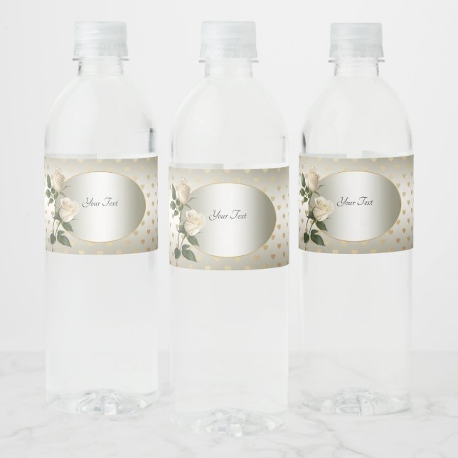White Roses Gold Hearts Water Bottle Label (Bottles)