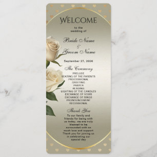 White Roses Gold Hearts Wedding Program Programme