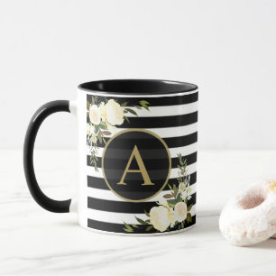 WHITE ROSES Gold Monogram Black White Striped Mug