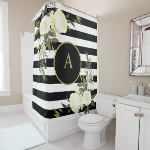 WHITE ROSES Gold Monogram Black White Striped Shower Curtain