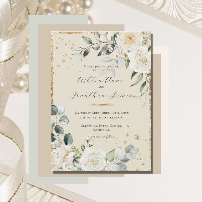 White Roses Gold Neutral Elegant Wedding Invitation (Creator Uploaded)