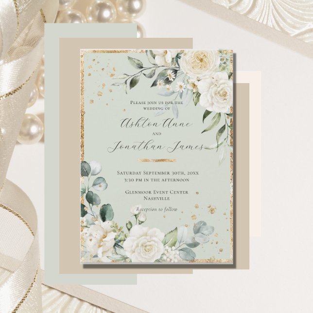 White Roses Gold Sage Green Elegant Wedding Invitation (Creator Uploaded)