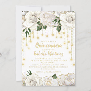 White Roses Gold String Light Star Quinceañera  In Invitation