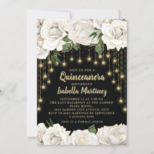 White Roses Gold String Light Star Quinceañera  Invitation