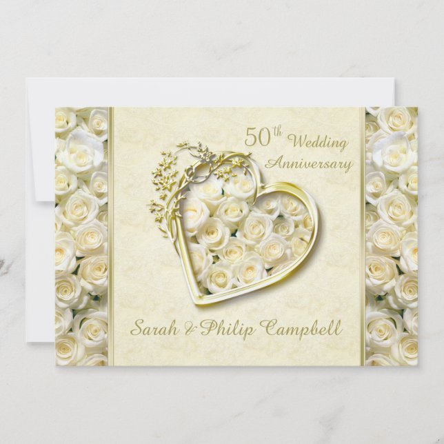 White roses, golden heart 50th Wedding Anniversary Invitation (Front)