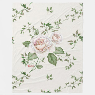 White Roses Green Leafs Fleece Blanket