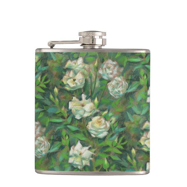 "White roses, green leaves", beautiful flowers Hip Flask (Front)