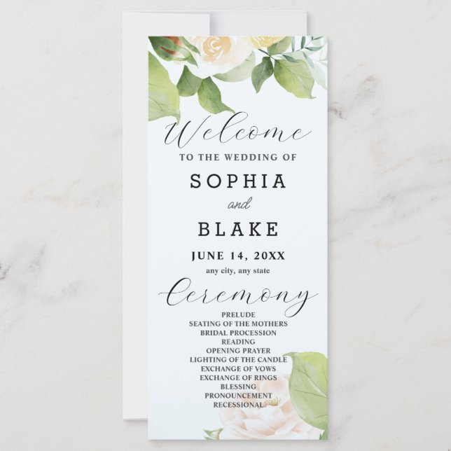 White Roses Green Leaves Blue Wedding Program (Front)