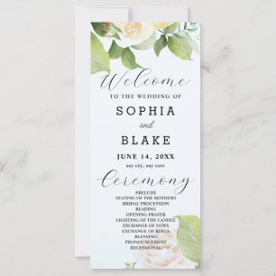 White Roses Green Leaves Blue Wedding Program