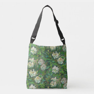 "White roses, green leaves", floral pattern Crossbody Bag