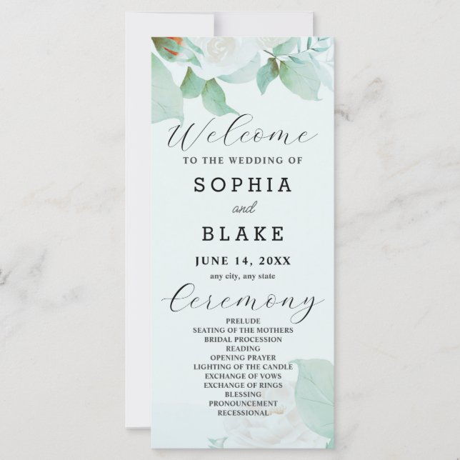 White Roses Green Leaves Green Wedding Program (Front)