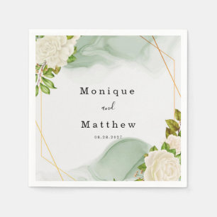 White Roses Green Watercolor Geometric Wedding Napkin