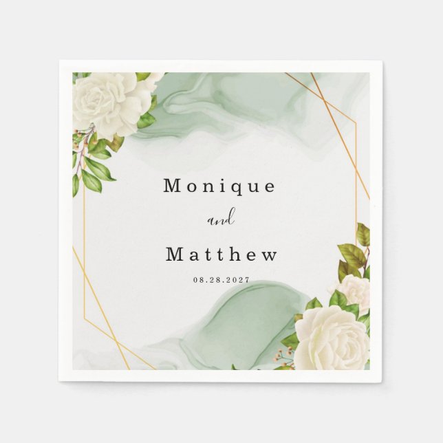 White Roses Green Watercolor Geometric Wedding Napkin (Front)