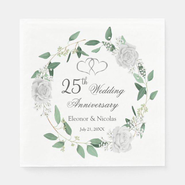 White Roses Greenery 25th Wedding Anniversary Napkin (Front)