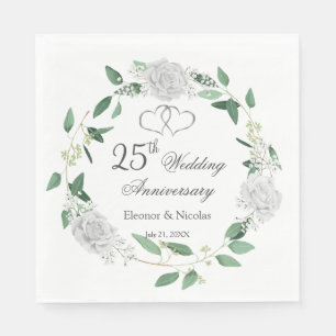 White Roses Greenery 25th Wedding Anniversary Napkin