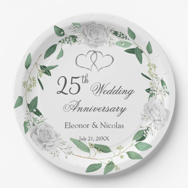 White Roses Greenery 25th Wedding Anniversary Paper Plate (Front)