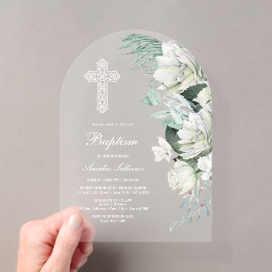 White Roses Greenery Arch Baptism Acrylic Invitations
