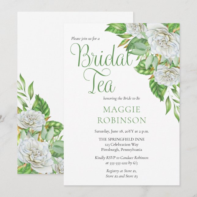 White Roses | Greenery  Boho Floral Bridal Tea Invitation (Front/Back)