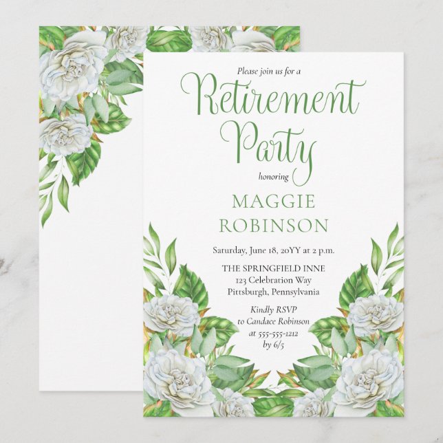 White Roses |Greenery Boho Floral Retirement Party Invitation (Front/Back)