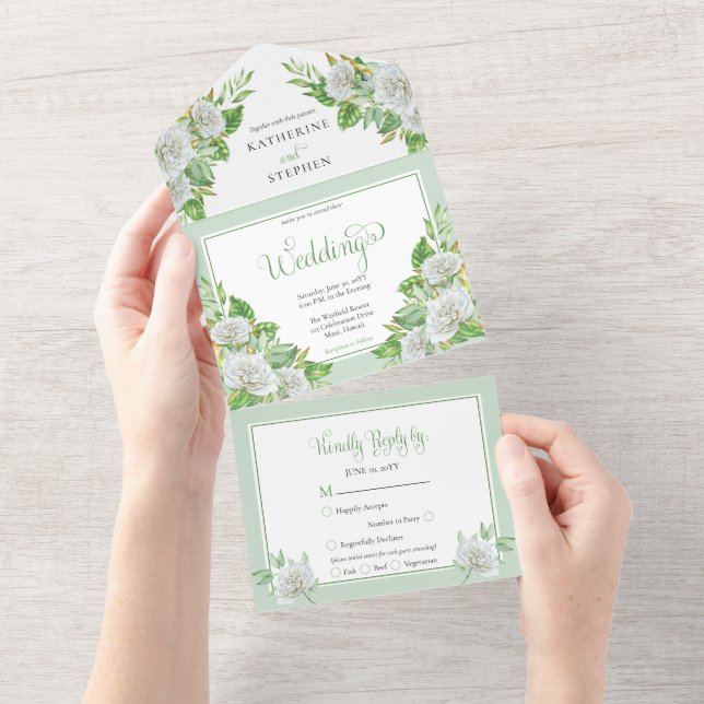 White Roses | Greenery Boho Floral Wedding All In One Invitation (Tearaway)