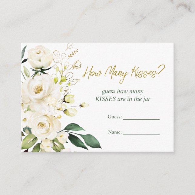 White Roses Greenery Bridal Guess How Many Kisses  Enclosure Card (Front)