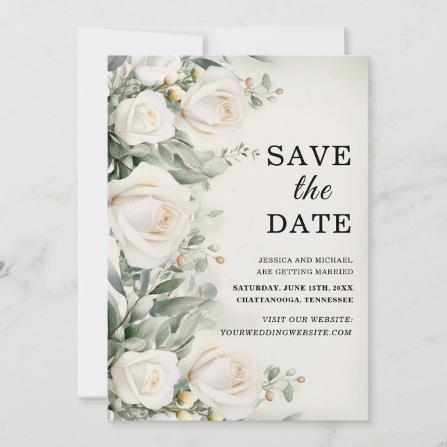 White Roses Greenery Elegant Wedding Save The Date (Front)