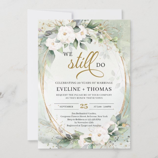 White roses greenery eucalyptus gold we still do invitation (Front)