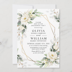 White Roses Greenery Floral Engagement Party Invitation