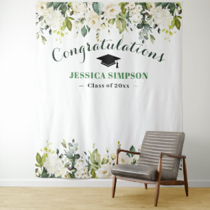 White Roses Greenery Floral Photo Grad Backdrop Tapestry