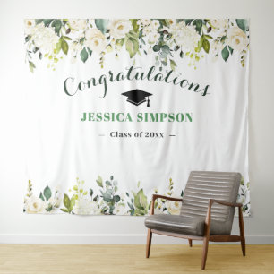 White Roses Greenery Floral Photo Grad Backdrop Tapestry
