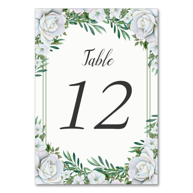 White Roses Greenery Foliage Table Number Cards (Front)