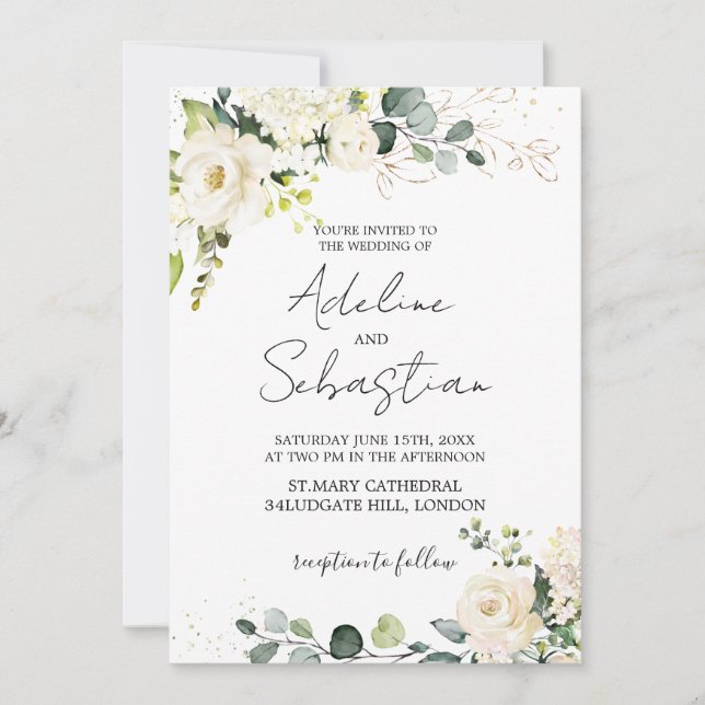 White Roses Greenery Foliage Wedding Invitation (Front)