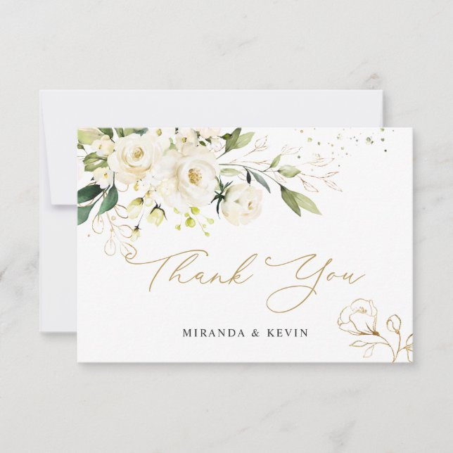 White Roses Greenery Foliage Wedding Thank You (Front)