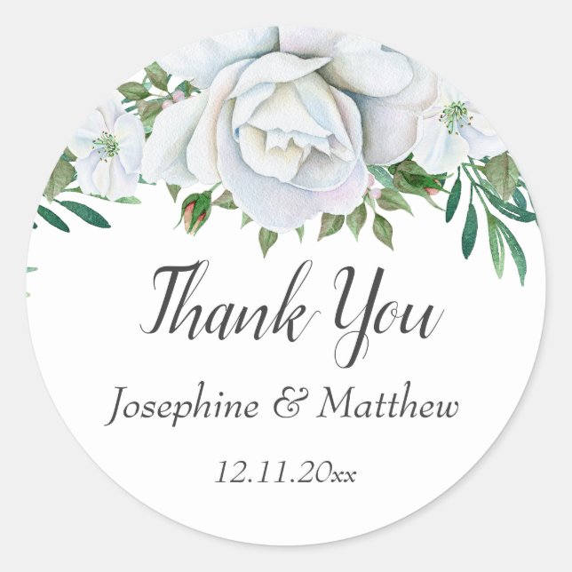 White Roses Greenery Foliage Wedding Thank You Classic Round Sticker (Front)