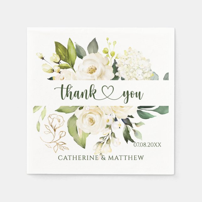 White Roses Greenery Thank You  Napkin (Front)