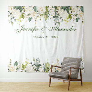 White Roses Greenery Wedding Photo Booth Backdrop Tapestry