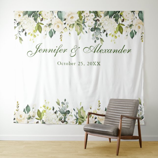 White Roses Greenery Wedding Photo Booth Backdrop Tapestry (In Situ (Horizontal))
