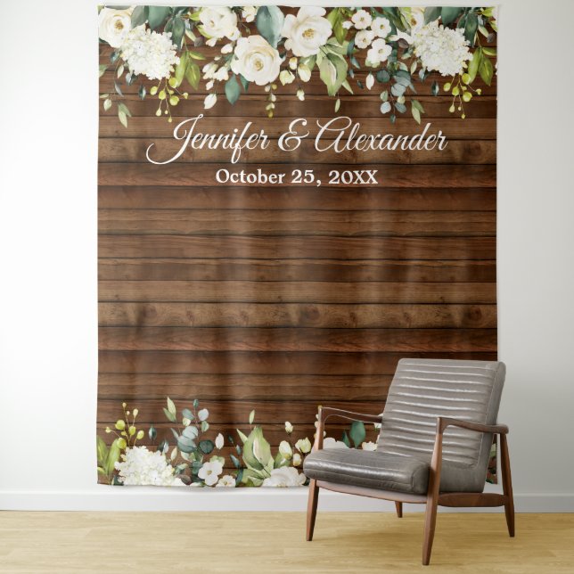 White Roses Greenery Wedding Photo Booth Backdrop Tapestry (In Situ)
