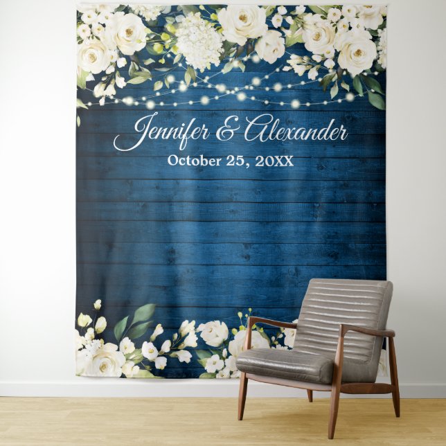 White Roses Greenery Wedding Photo Booth Backdrop Tapestry (In Situ)