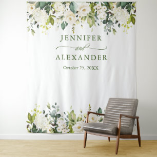 White Roses Greenery Wedding Photo Booth Backdrop Tapestry