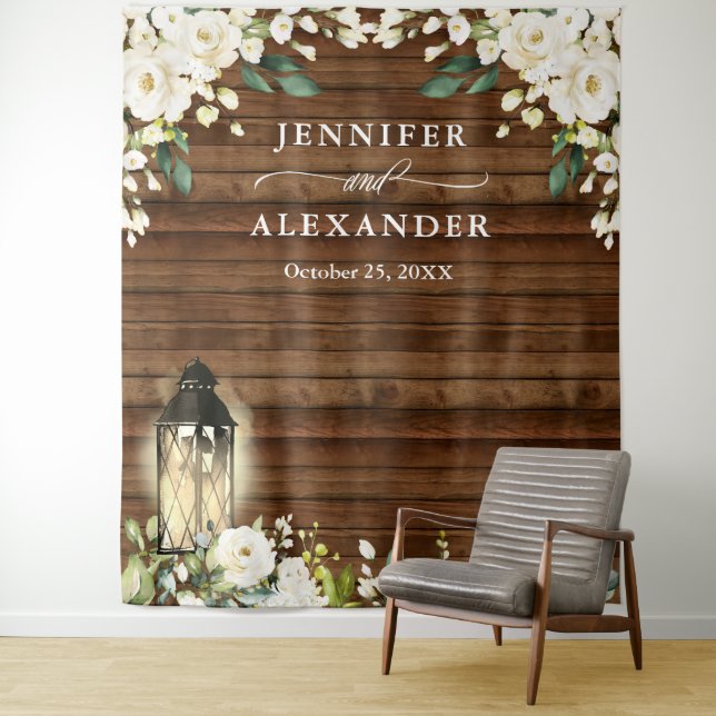 White Roses Greenery Wedding Photo Booth Backdrop Tapestry (In Situ)